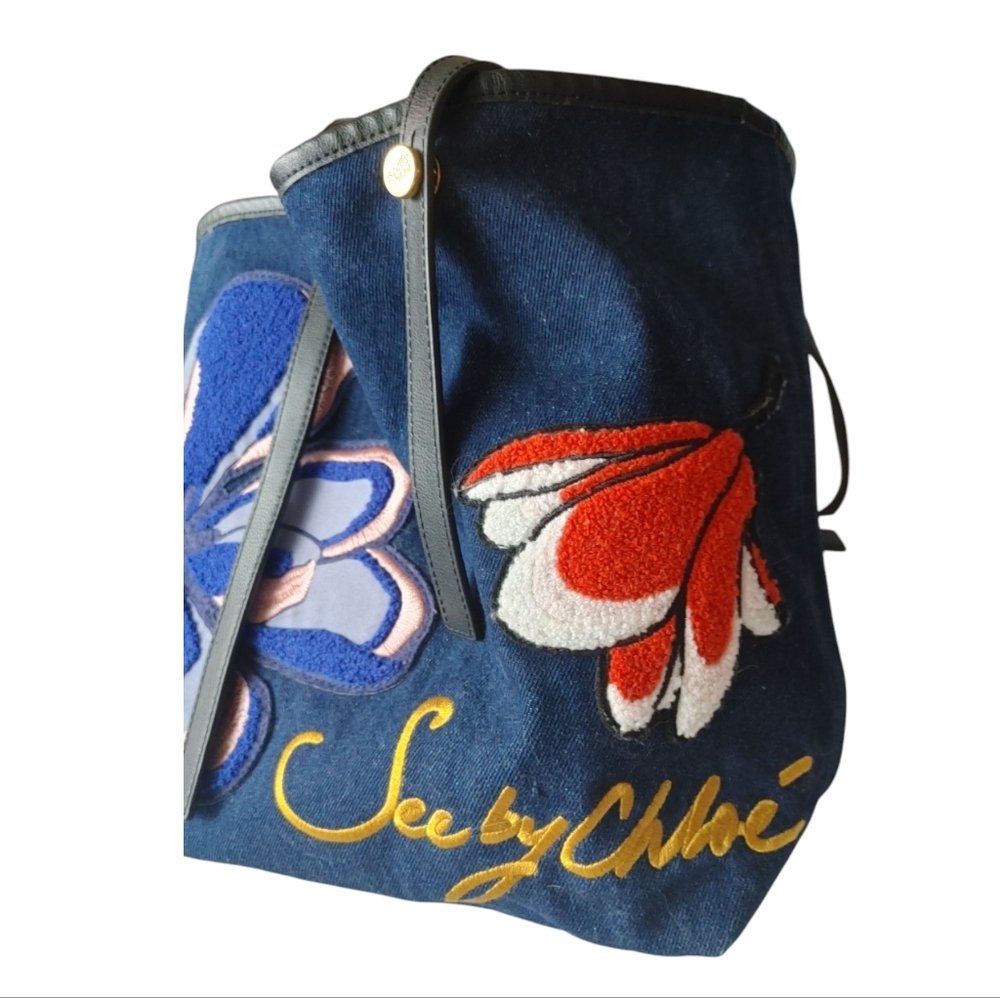 See By Chloe Denim Floral Embroidery Shoulder Tote Bag - Picture 14 of 16